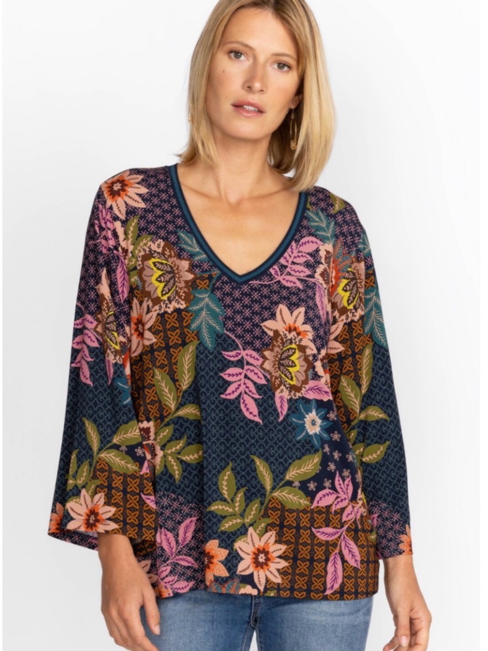 Johnny Was Delfino V-neck top featuring a vibrant multicolor floral print